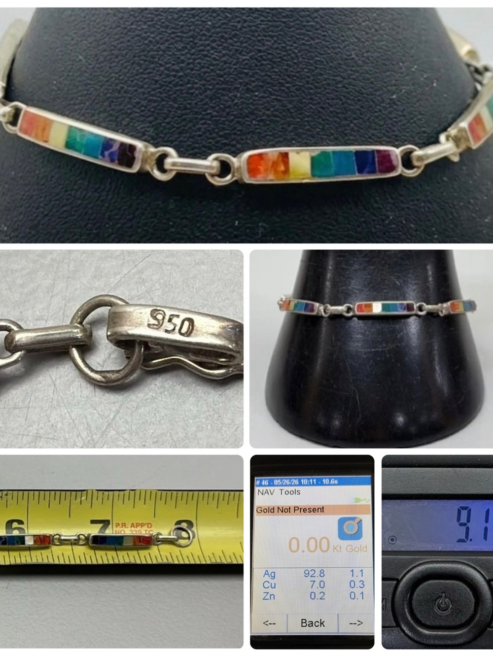 🌈Vintage Rainbow 950/925 Silver Multi-Gemstone Inlay Bar Link Bracelet 8"